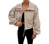 Generisch Blouson court pour femme - Décontracté - Léger - Automne - Printemps - Veste d'aviateur avec poche - Fermeture éclair - Veste surdimensionnée - Anorak - Manches longues, O Kaki, XL