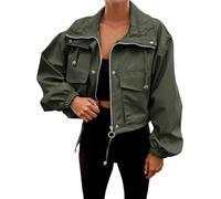 Generisch Blouson court pour femme - Décontracté - Léger - Automne - Printemps - Veste d'aviateur avec poche - Fermeture éclair - Veste surdimensionnée - Anorak - Manches longues, O Vert., S