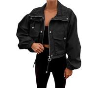 Generisch Blouson court pour femme - Décontracté - Léger - Automne - Printemps - Veste d'aviateur avec poche - Fermeture éclair - Veste surdimensionnée - Anorak - Manches longues, O Noir., XL