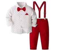 Generisch Body chemise bébé garçon costume garçon tenue de mariage chemise avec nœud papillon / pantalon à bretelles pour occasions formelles bébé garçon tenue d'anniversaire, rouge, 3-4 ans