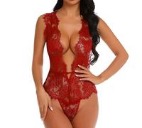 Generisch Body pour femme avec dentelle rouge et motif floral, col en V profond, dos ouvert, laçage, manches courtes, lingerie, dos imprimé en maille, bikini, rouge, L
