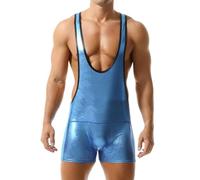 Generisch Body pour homme - Taille haute - Extensible - Latex brillant - Combinaison athlétique - Sous-vêtements de lutte - En caoutchouc - Coupe moulante - Une pièce - Extensible - Une pièce, bleu, L
