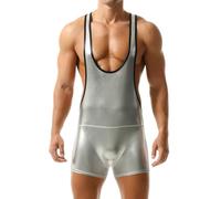 Generisch Body pour homme - Taille haute - Extensible - Latex brillant - Combinaison athlétique - Sous-vêtements de lutte - En caoutchouc - Coupe moulante - Une pièce - Extensible - Une pièce, Blanc