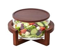 Generisch Bol mélangeur en verre 1800 ml grande capacité avec pied en bois | Préparation de salade et bol de service pour cuisine, repas de famille, fête, desserts, pain, collations