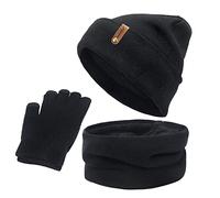 Generisch Bonnet d'hiver chaud en laine pour homme et femme - Trois pièces - Bonnet d'hiver en tricot - Avec visière - Moufles - Écharpes, Noir , taille unique