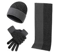Generisch Bonnet d'hiver chaud en laine pour homme et femme - Trois pièces - Bonnet d'hiver en tricot - Avec visière - Moufles et écharpes, gris foncé, taille unique