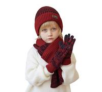 Generisch Bonnet d'hiver pour enfant de 4 à 10 ans, écharpe gants, bonnet chaud en polaire 3 pièces en laine cachemire pour homme, rouge, taille unique