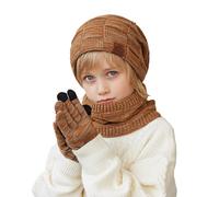 Generisch Bonnet d'hiver pour enfant de 4 à 10 ans - Gants - Bavoir - Cache-oreilles - Bonnet en laine tricotée chaude, kaki, taille unique