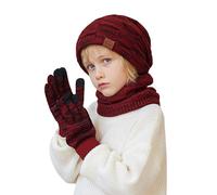 Generisch Bonnet d'hiver pour enfant de 4 à 10 ans - Gants - Bavoir - Cache-oreilles - Laine chaude, rouge, taille unique