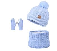 Generisch Bonnet d'hiver pour enfants, écharpe, cache-cou en tricot chaud, moufles pour chapeaux pour enfants garçons casquette d'hiver bonnet en laine polaire, bleu ciel, 3-9 ans