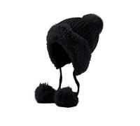 Generisch Bonnet d'hiver pour femme de style Pérou avec fourrure synthétique - Bonnet tricoté avec cache-oreilles et pompons - Bonnet douillet et élégant pour les jours froids, Stil_t02 Noir, taille