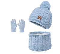 Generisch Bonnet d'hiver pour fille, écharpe, cache-cou en tricot chaud, moufles pour enfants garçons bonnet pour bébé gants bonnet à enfiler en polaire pour bébé, bleu clair, 3-9 ans