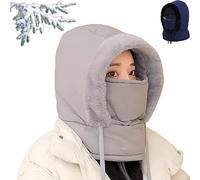 Generisch Bonnet thermique épais à doublure en peluche avec masque facial pour hommes et femmes, 3 en 1 coupe-vent et chaud, protection contre le froid (gris clair)