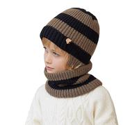 Generisch Bonnet tricoté chaud pour enfants de 4 à 10 ans - Couleur assortie - Bavoir en laine - Protection contre le froid - Pour l'extérieur, marron, taille unique
