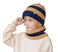 Generisch Bonnet tricoté chaud pour enfants de 4 à 10 ans - Couleur assortie - Deux pièces - Bonnet en laine anti-froid pour l'extérieur, kaki, taille unique