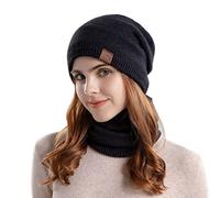 Generisch Bonnet tricoté pour homme et femme - Bonnet d'hiver chaud - Gants à bavette - Costume trois pièces - Protection d'oreille en peluche - Gants bleus pour femme - Hiver, Noir , taille unique
