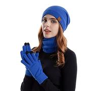 Generisch Bonnet tricoté pour homme et femme - Bonnet d'hiver chaud - Gants à bavette - Costume trois pièces - Protection d'oreille en peluche - Gants bleus pour femme - Hiver, c, taille unique