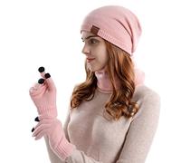 Generisch Bonnet tricoté pour homme et femme - Bonnet d'hiver chaud - Gants à bavette - Costume trois pièces - Protection d'oreille en peluche - Gants bleus pour femme - Hiver, Rose, taille unique