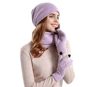 Generisch Bonnet tricoté pour homme et femme - Bonnet d'hiver chaud - Gants à bavette - Costume trois pièces - Protection d'oreille en peluche - Gants bleus pour femme - Hiver, lilas, taille unique