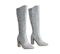 Generisch Bottes à talons épais scintillants pour le printemps et - Sexy - Bottes rondes hautes avec grand talon Chaussures Femme 36 Moins 20, argenté, 43 EU