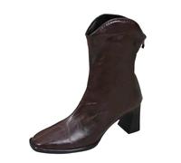 Generisch Bottes carrées pour femme d'Europe et des États-Unis avec col en V et fermeture éclair à l'arrière, bottes mi-hautes pour femme, café, 35 EU