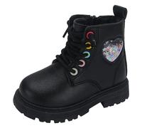 Generisch Bottes courtes d'hiver pour enfants de style britannique, bottes en cuir pour enfants deuxième bottes en coton velours pour filles, Noir , 24 EU