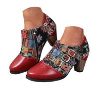 Generisch Bottes courtes pour femme avec talon bloc en polyuréthane - Bottes d'hiver rétro imprimées - Bottes d'équitation western - Bottes classiques, rouge, 37 EU