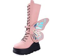 Generisch Bottes de cowboy à plateforme pour femme - Bottes de cowboy hautes à lacets avec fermeture éclair latérale - Tendance - Ailes de papillon - Bottes de combat de moto, rose clair, 39 EU