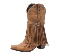 Generisch Bottes de cowboy à rivets et franges pour femme - Bottes western pour femme - Talon bloc - Snip Toe - Ceinture - Boucle - Mi-veau - Bottes rétro à hauteur du genou, marron, 38 EU