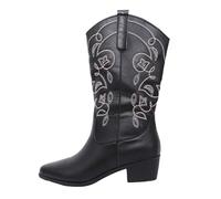 Generisch Bottes de cowboy en cuir pour femme avec talon bloc - Bottes basses vintage - Broderie - Bottes d'équitation - Bout pointu - Bottes à enfiler - Bottes longues en cuir - Bottes d'hiver pour