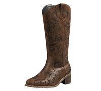 Generisch Bottes de cowboy pour femme - Bottes d'équitation - Broderie Jacquard - Talon bloc - Bottes en cuir - Bottes longues - Bottes vintage élégantes pour femme - Bottines en cuir synthétique