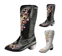 Generisch Bottes de cowboy pour femme - En cuir noir - Imperméables - Motif floral - Bottes western - Bottines chaudes - Courtes - Soutien de la voûte plantaire - Chaussures de marche - Talons hauts