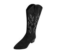Generisch Bottes de cowboy pour femme - Talon bloc bas - Bottes de transition - Talon entonnoir - Bottes basses - Broderies - Bottes western rétro - Bottes larges - Noir et beige - Tailles 36 à 42