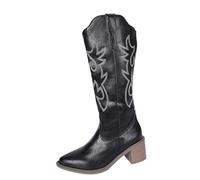 Generisch Bottes de cowboy pour femme - Tige large - Bottes montantes au genou - Avec talon bloc - Bottes à enfiler - Broderie Jacquard - Bottes western antidérapantes - Bottes d'équitation longues en