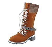 Generisch Bottes de mi-saison imperméables pour l'hiver, bottes d'équitation, bottes d'équitation, bottes de cowboy, bottes d'hiver avec talon bas bloc vintage, bottes à lacets, marron, 42 EU