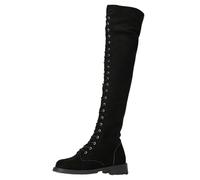 Generisch Bottes d'hiver au-dessus du genou à lacets - Talons plats - Bottes en daim uni avec tige élastique pour un ajustement confortable - Semelle antidérapante pour un style urbain urbain, Noir