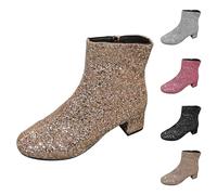 Generisch Bottes d'hiver courtes pour femme, à paillettes scintillantes rondes, argentées, couleur unie à talon bloc plat avec talon moyen, bottes courtes de grande taille, or, 43 EU