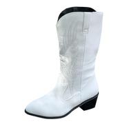 Generisch Bottes d'hiver en cuir pour femme - Avec large mollet - Plateforme compensée - À enfiler - Talon bloc - Bottes mi-mollets - Respirantes - Avec talon, Blanc., 37 EU