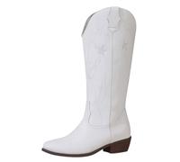 Generisch Bottes d'hiver en cuir pour femme - Bottes tendance noires - Talon compensé antidérapant - Bottes à talon épais - Bottes classiques pour femme avec mollet large, Blanc., 41 EU