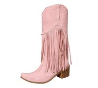 Generisch Bottes d'hiver pour femme avec talon, bottes mi-hautes, bout pointu, bottes à pompons, talon bloc uni, talon compensé, bottes pour femme avec mollet large, Rose, 38 EU