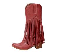 Generisch Bottes d'hiver pour femme avec talon, bottes mi-hautes, bout pointu, bottes à pompons, talon bloc uni, talon compensé, bottes pour femme avec mollet large, rouge, 47 EU