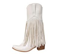 Generisch Bottes d'hiver pour femme avec talon, bottes mi-hautes, bout pointu, bottes à pompons, talon bloc uni, talon compensé, bottes pour femme avec mollet large, Blanc., 36 EU