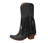 Generisch Bottes d'hiver pour femme avec talon, bottes mi-hautes, bout pointu, bottes à pompons, talon bloc uni, talon compensé, bottes pour femme avec mollet large, Noir , 37 EU