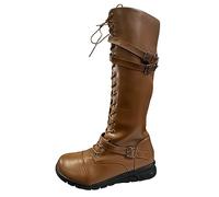 Generisch Bottes d'hiver pour femmes Chaussures Commerce extérieur Grandes bottes pour femmes Bottes à baril Fermeture éclair latérale Bottes à fond plat Boucle de ceinture Bottes en cuir, jaune, 37