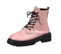 Generisch Bottes en cuir pour femme - Semelle extérieure plate - Antidérapantes - Rondes - Confortables - À lacets - Style britannique - Pour l'automne et l'hiver, Rose, 40 EU