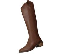 Generisch Bottes hautes pour femme avec mollet large, bottines à talons pour femme, couleur unie, plateau, épaisses, avec bouche en V, long tube arrière, fermeture éclair, bottes d'hiver, marron, 38
