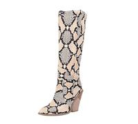 Generisch Bottes hautes pour femme Shark Boots - Bottes western hautes avec un beau imprimé - En forme de mollet - Bottes épaisses pour femme avec talon empilable épais - Bout pointu, beige, 37 EU