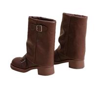 Generisch Bottes mi-hautes pour femme avec talon requin, bottines rétro en cuir synthétique, bottes d'automne avec boucles, bout rond, bottines à enfiler, bottes mi-longues, marron, 37 EU