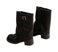 Generisch Bottes mi-hautes pour femme avec talon requin, bottines rétro en cuir synthétique, bottes d'automne avec boucles, bout rond, bottines à enfiler, bottes mi-longues, Noir , 38 EU