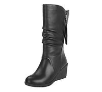 Generisch Bottes mollets larges pour femme - Bottines mi-mollet pour femme avec talon - Couleur unie - Antidérapantes - Fermeture éclair latérale - Bottes à bout rond, Noir , 40 EU
